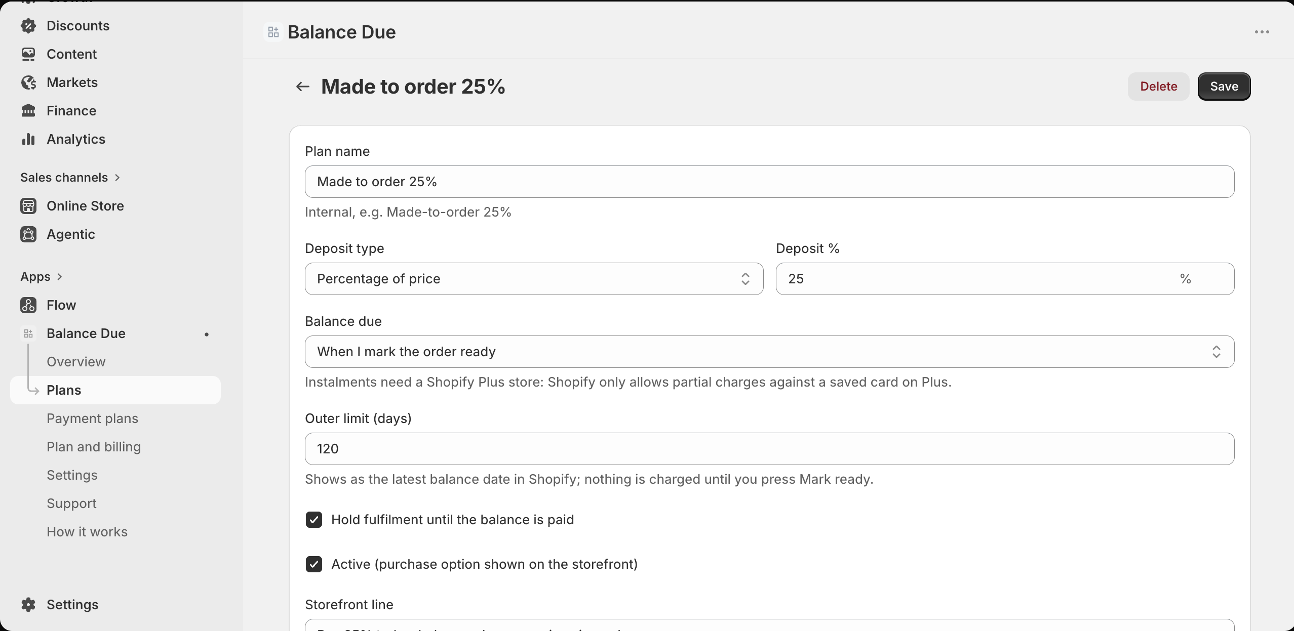Balance Due plan editor showing deposit type, deposit percentage, balance due timing, outer limit and fulfilment hold options