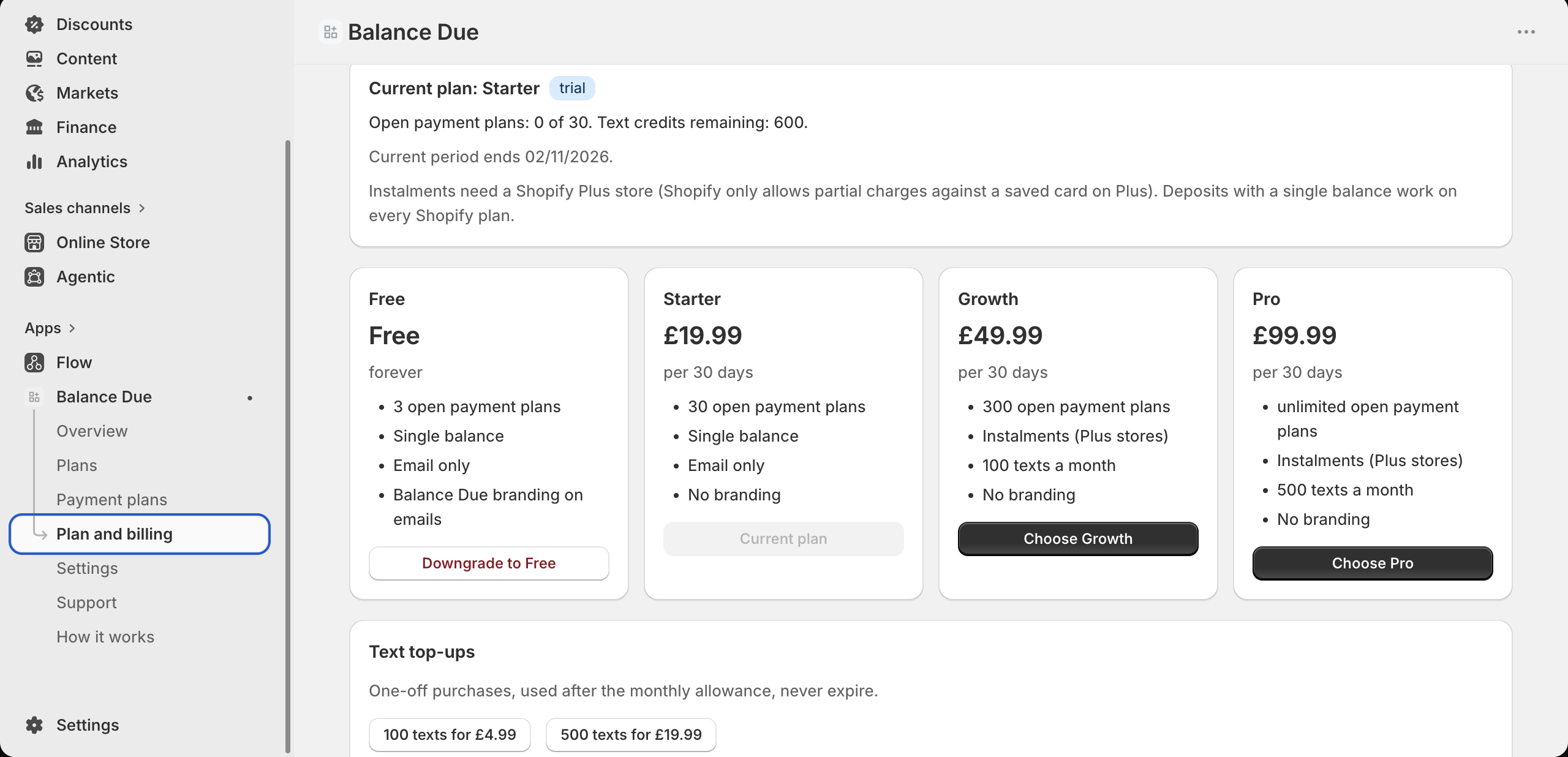 Balance Due Plan and billing screen showing Free, Starter, Growth and Pro tiers with payment plan limits and text credits