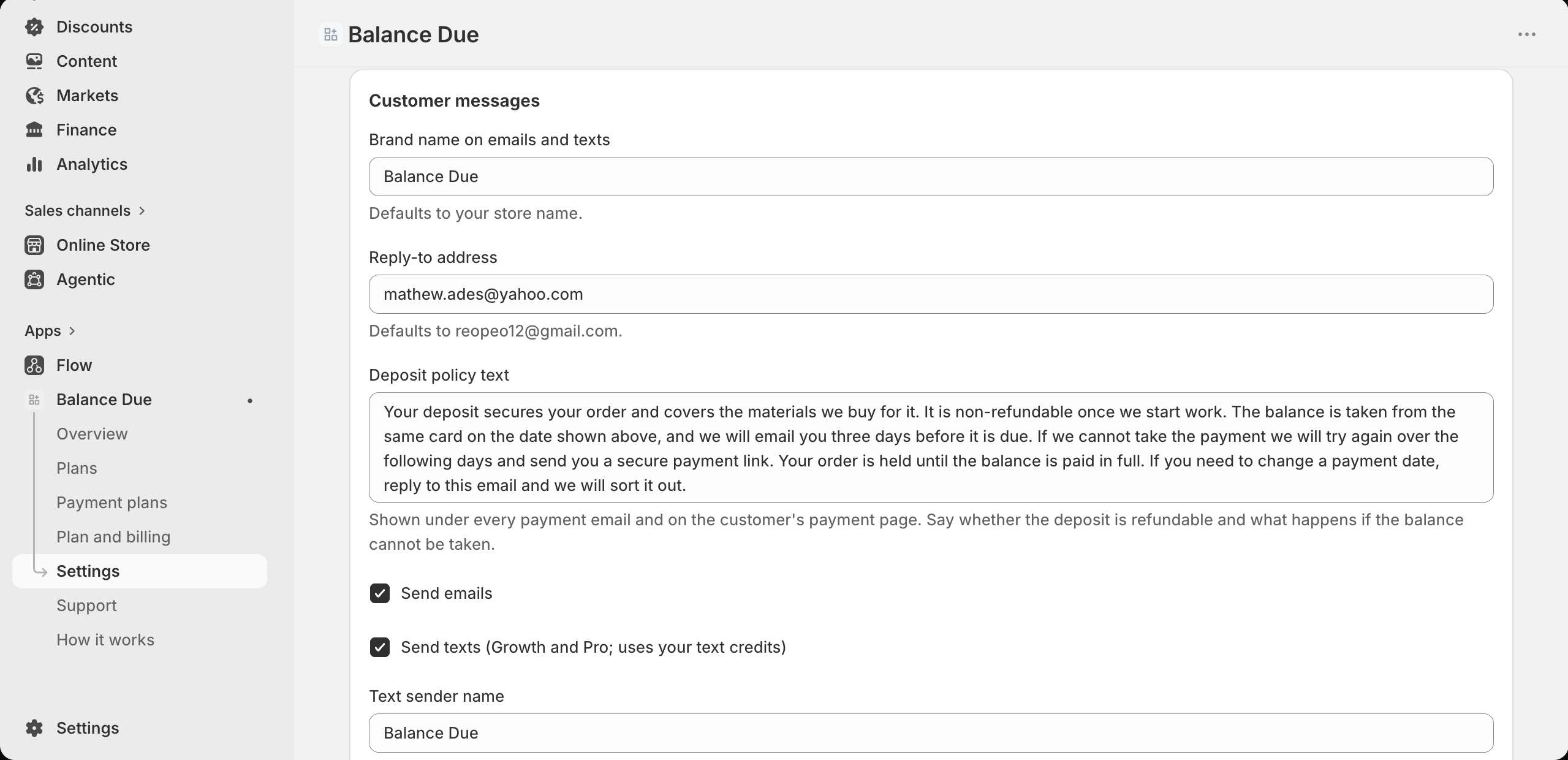 Balance Due Settings, customer messages: brand name, reply-to address and deposit policy text shown on every payment email