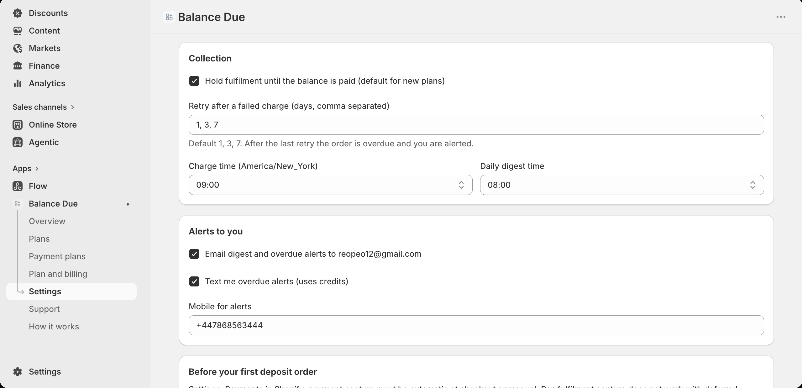 Balance Due Settings, collection and alerts: retry schedule, charge time, daily digest and overdue alerts